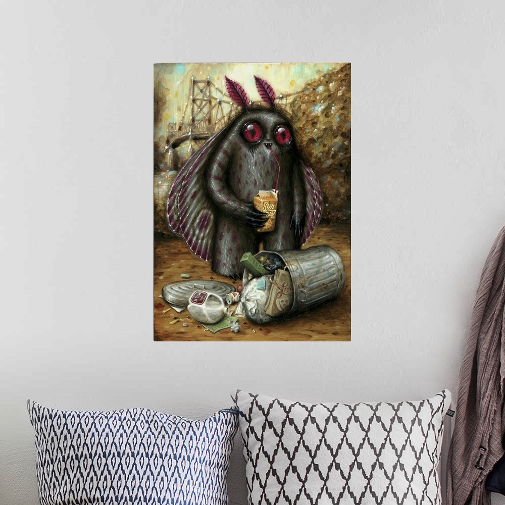A bohemian room featuring Surrealist painting of a winged insect type monster sipping from a juice carton while standing ov...