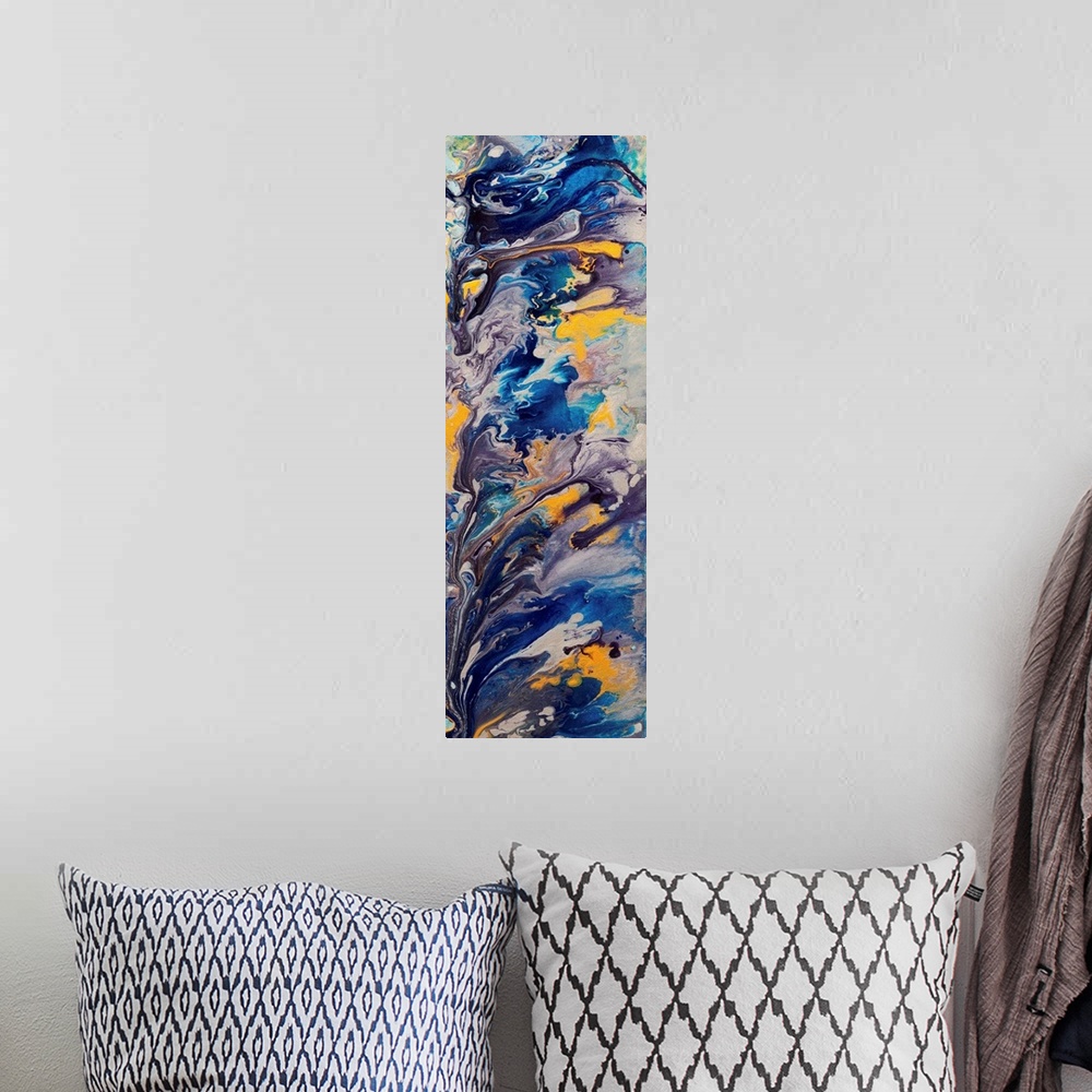 A bohemian room featuring A contemporary abstract painting using deep dark purples and blue tones with hints of yellow.