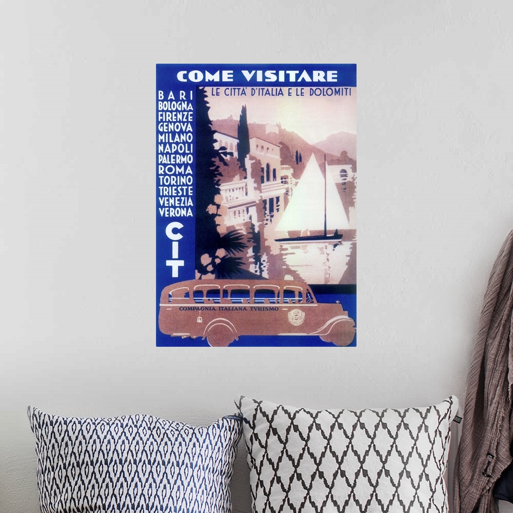 A bohemian room featuring Vintage poster advertisement for Italian Cities.