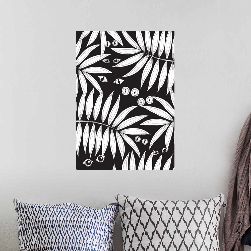 A bohemian room featuring Black and white line art of a night scene in the jungle with sets of animals eyes behind leaves a...
