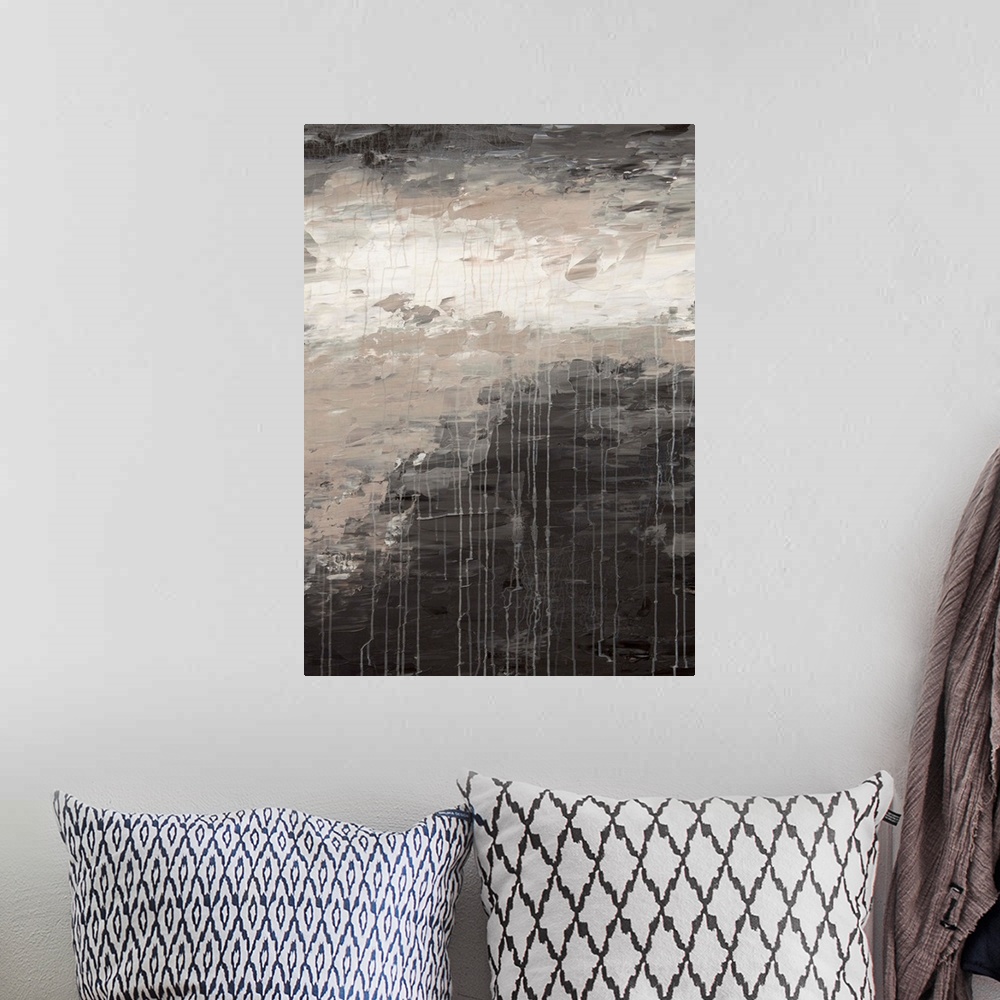 A bohemian room featuring A contemporary abstract painting using neutral colors and weathered and worn textures.