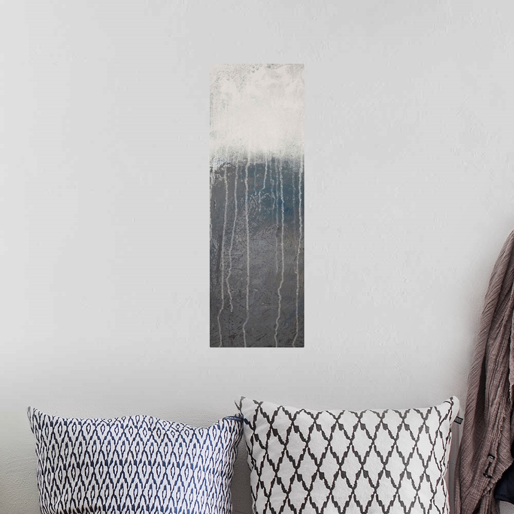 A bohemian room featuring Contemporary abstract painting in dark grey and white.