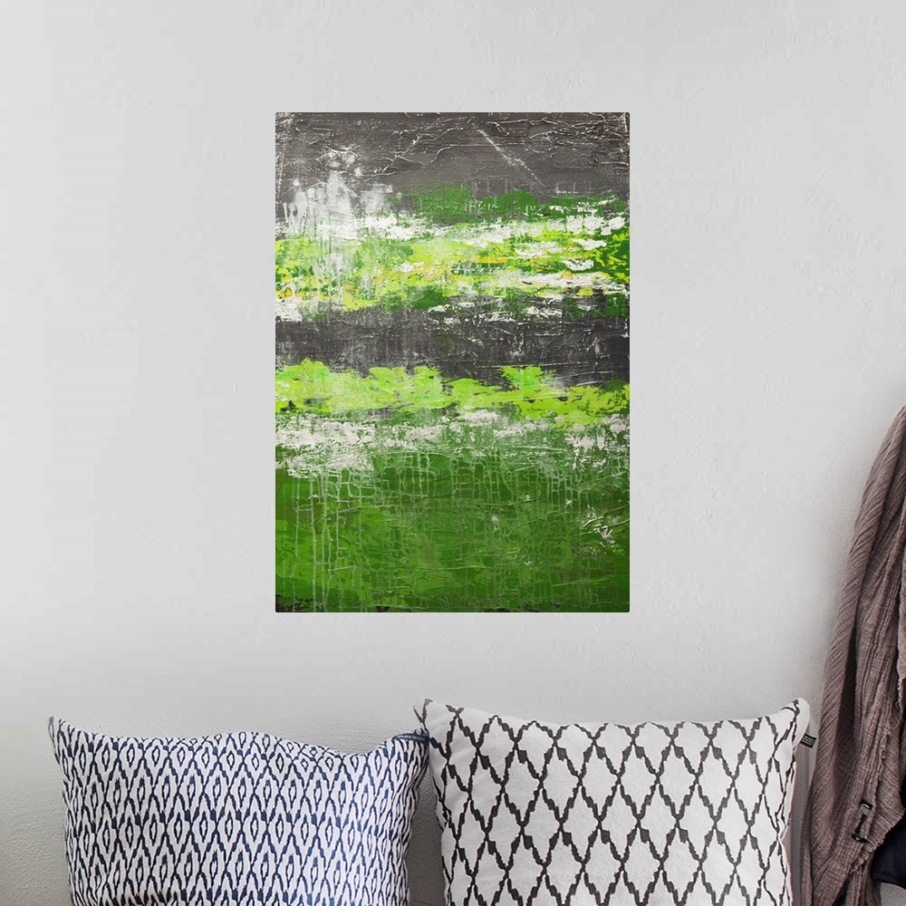 A bohemian room featuring Contemporary abstract painting in green and grey.