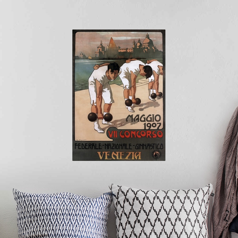 A bohemian room featuring Vintage advertisement artwork for Venice, Italy.
