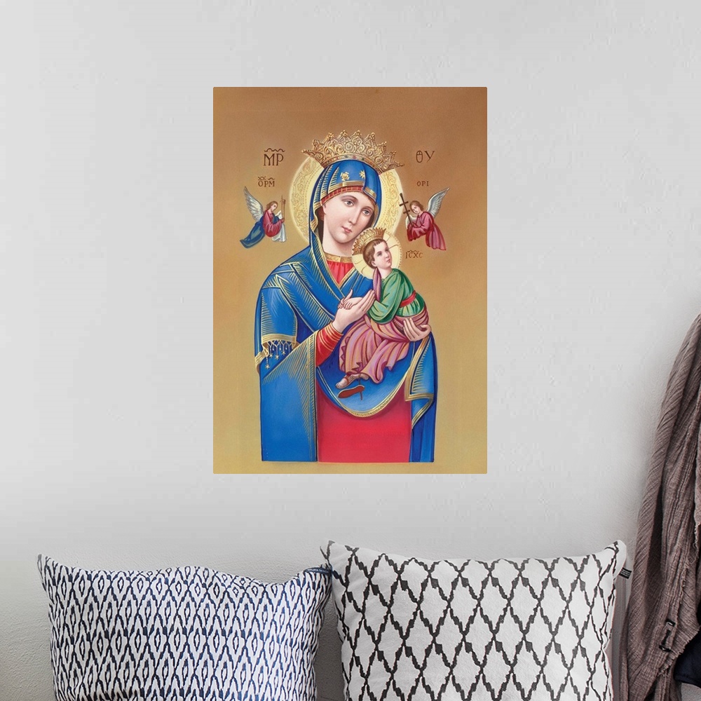 A bohemian room featuring Mary holding Jesus with angels flying around