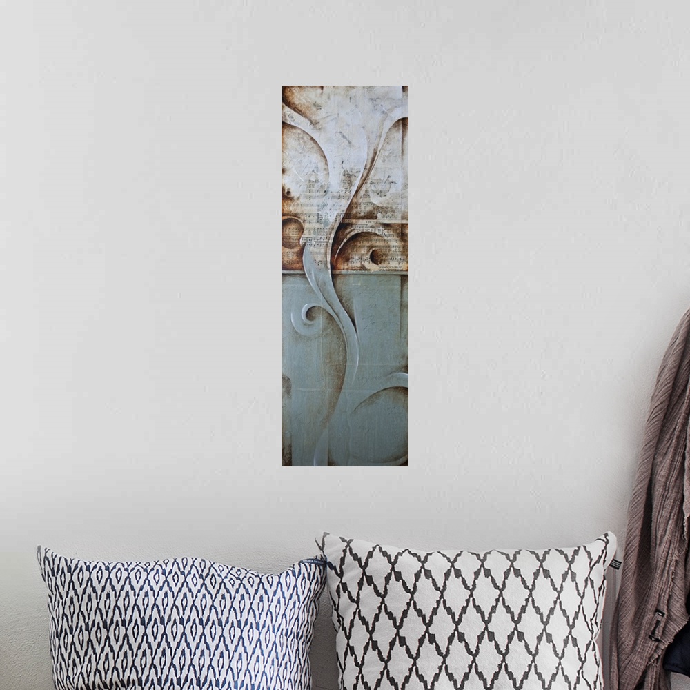 A bohemian room featuring Contemporary abstract painting in grey and blue with swirls.