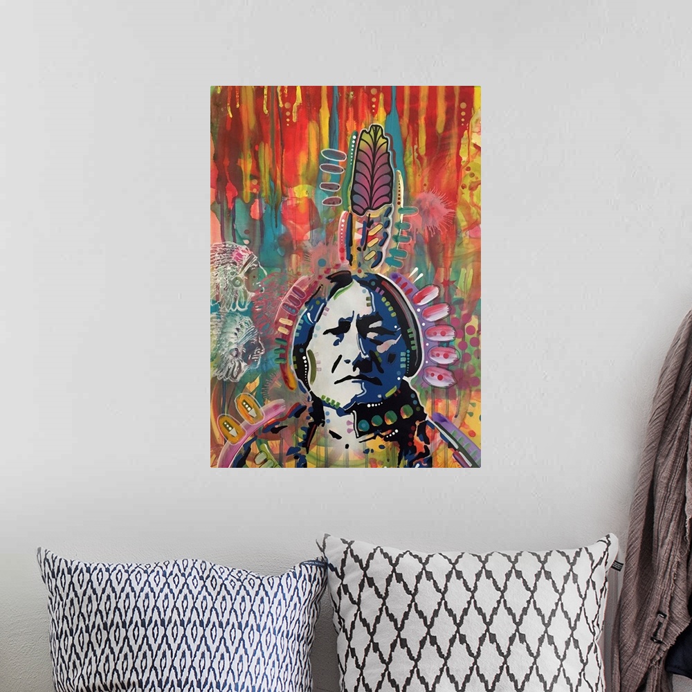 A bohemian room featuring Colorful illustration of an Indian with one tall feather on his head.