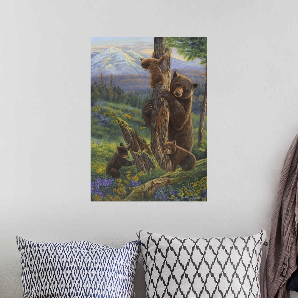 A bohemian room featuring Bears climbing on a tree
