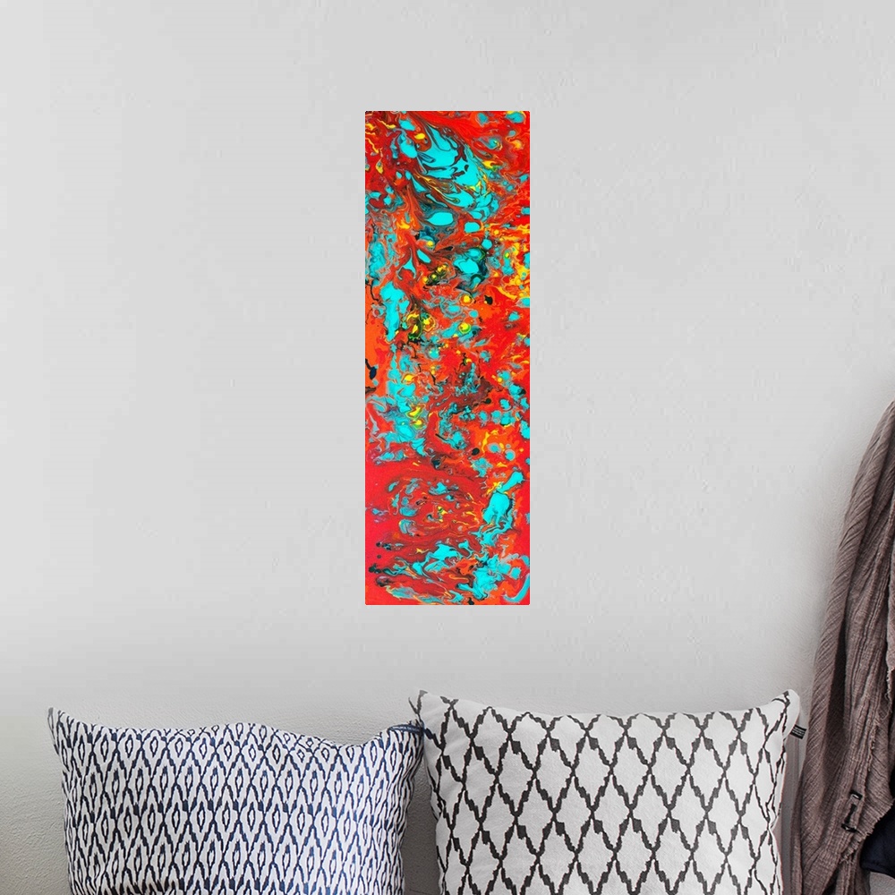 A bohemian room featuring Contemporary abstract painting in red and blue.