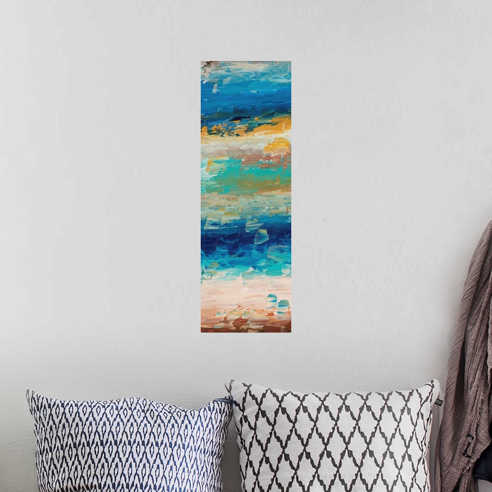 A bohemian room featuring Vertical abstract painting reminiscent of the sky in the morning.