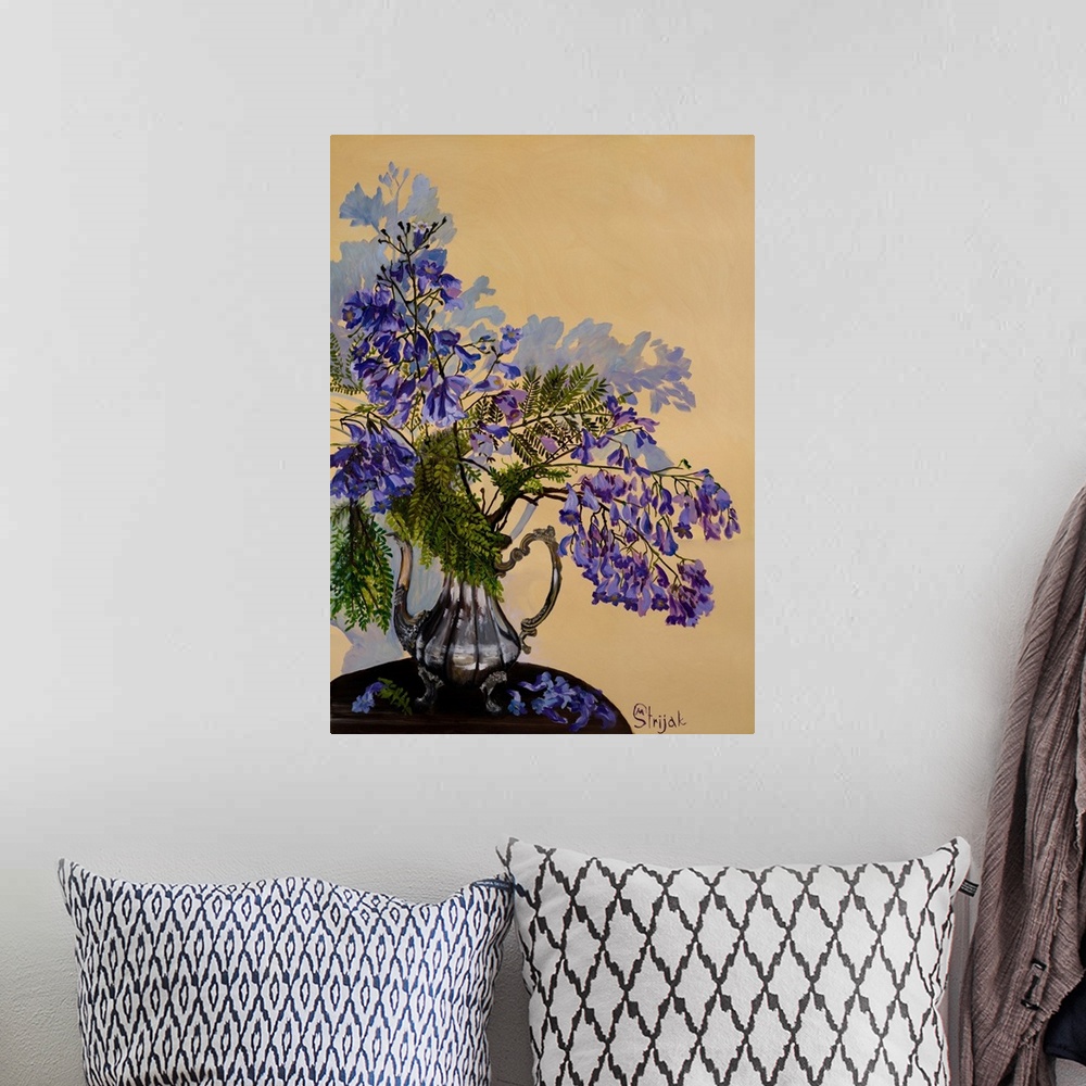 A bohemian room featuring Painting of a jacaranda tree with the petite flowers in purple color of varying tints and green f...