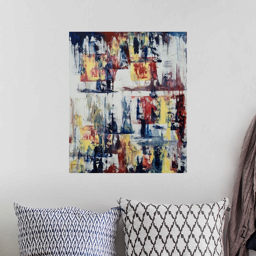 A bohemian room featuring Painting on paper of abstract form and structure given strength through bold use of color.