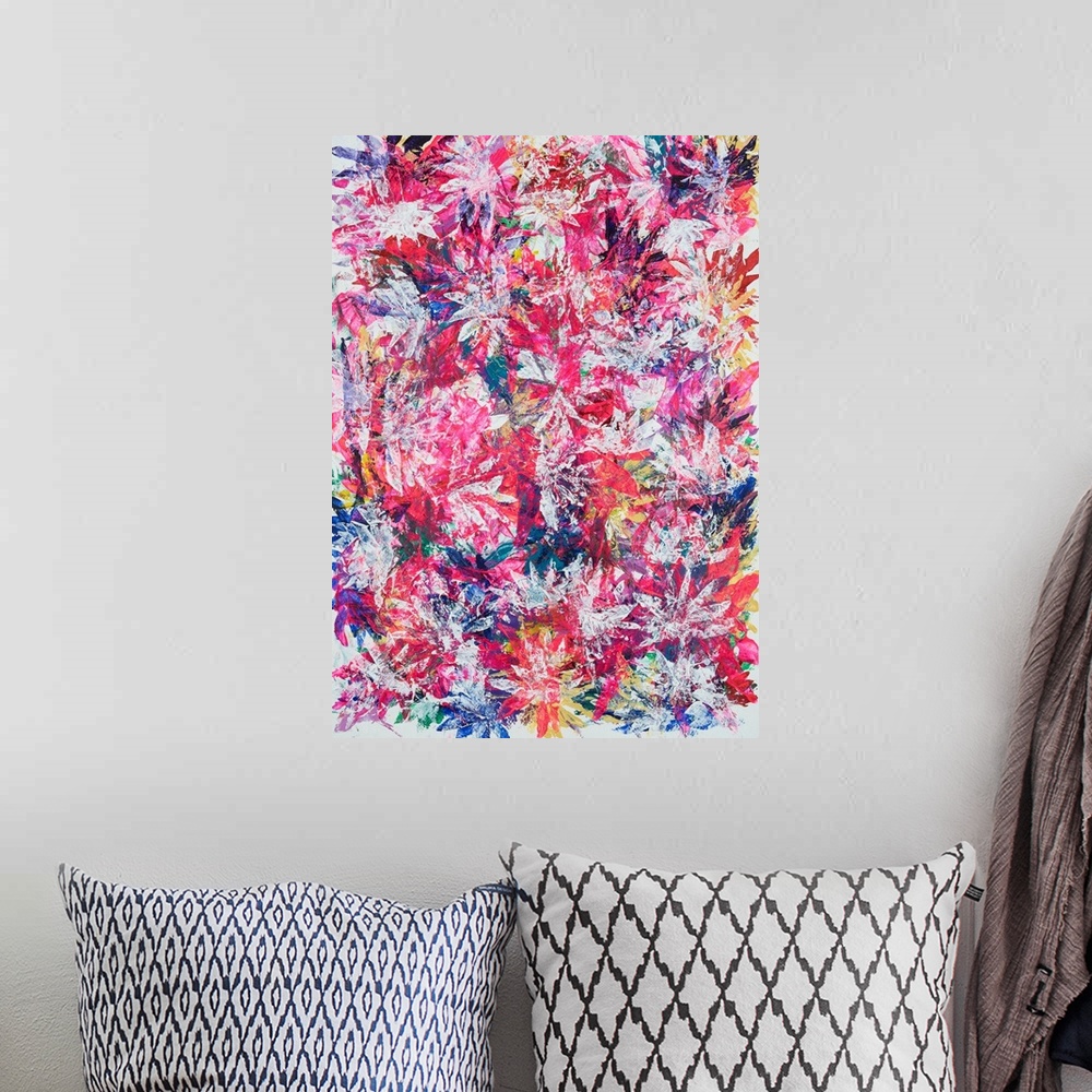 A bohemian room featuring Painting on paper of a dense compilation of leaves in vibrant spring tones.