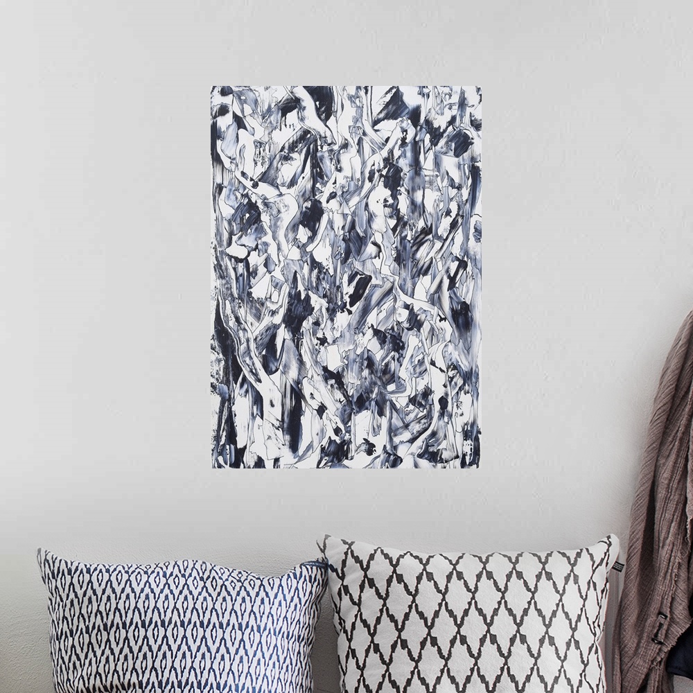 A bohemian room featuring Painting on paper of clinging vines celebrating the beauty of contrast.