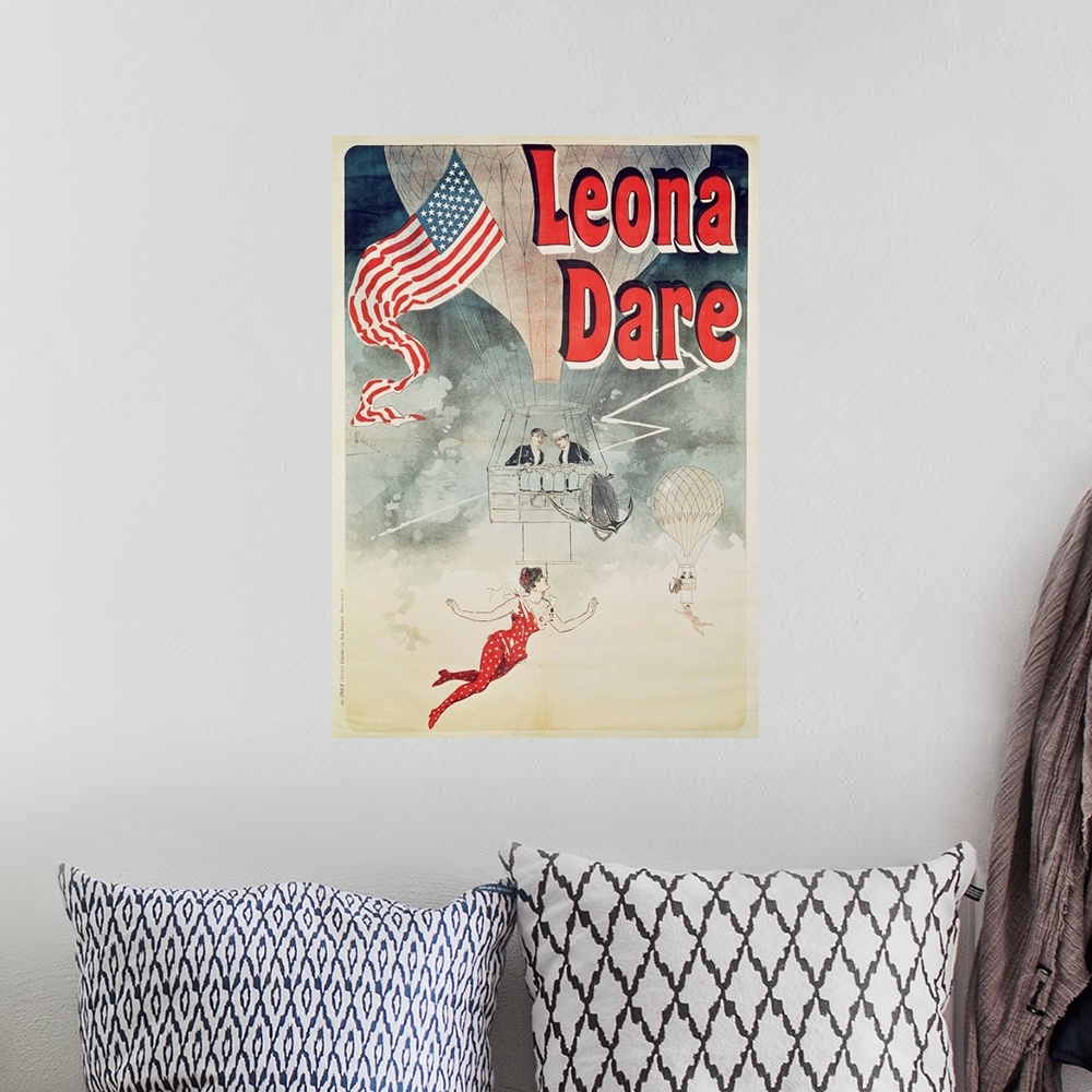 A bohemian room featuring Ballooning: Leona Dare' poster, 1890