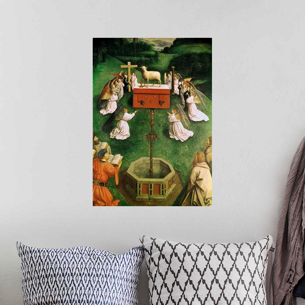 A bohemian room featuring Copy of The Adoration of the Mystic Lamb, from the Ghent Altarpiece