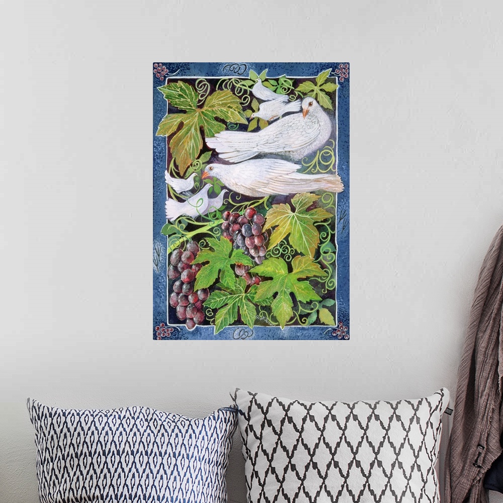 A bohemian room featuring Contemporary painting of several white doves perched on grapevines.