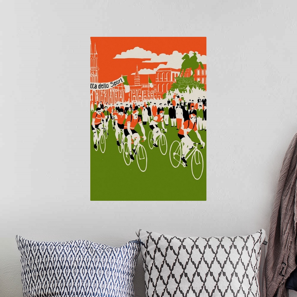 A bohemian room featuring Contemporary illustration of a cycling race.