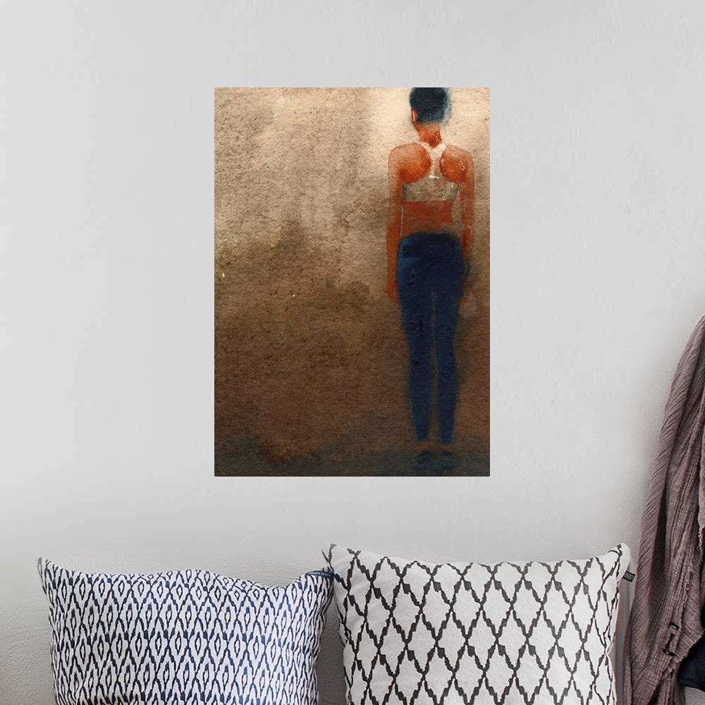A bohemian room featuring Contemporary painting of an athlete seen from behind.