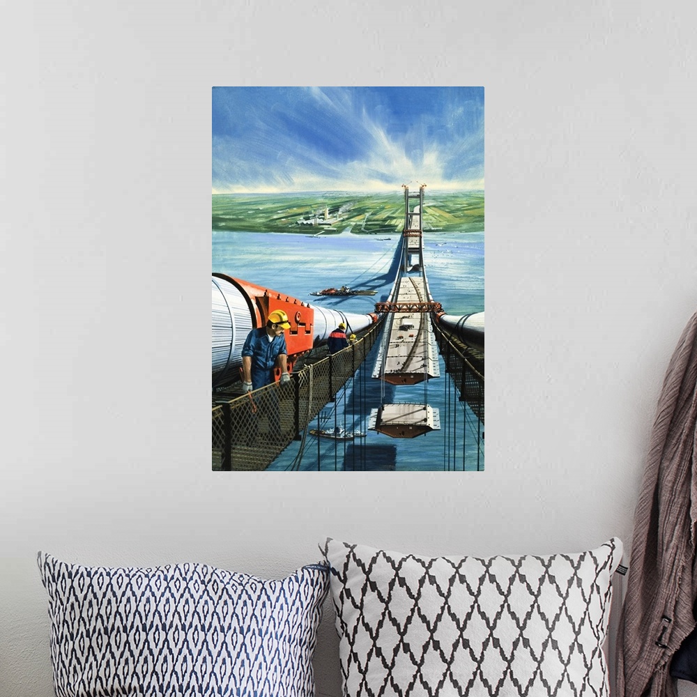 A bohemian room featuring Humber Estuary Bridge Under Construction. Original artwork for cover of "Look and Learn," issue 9...