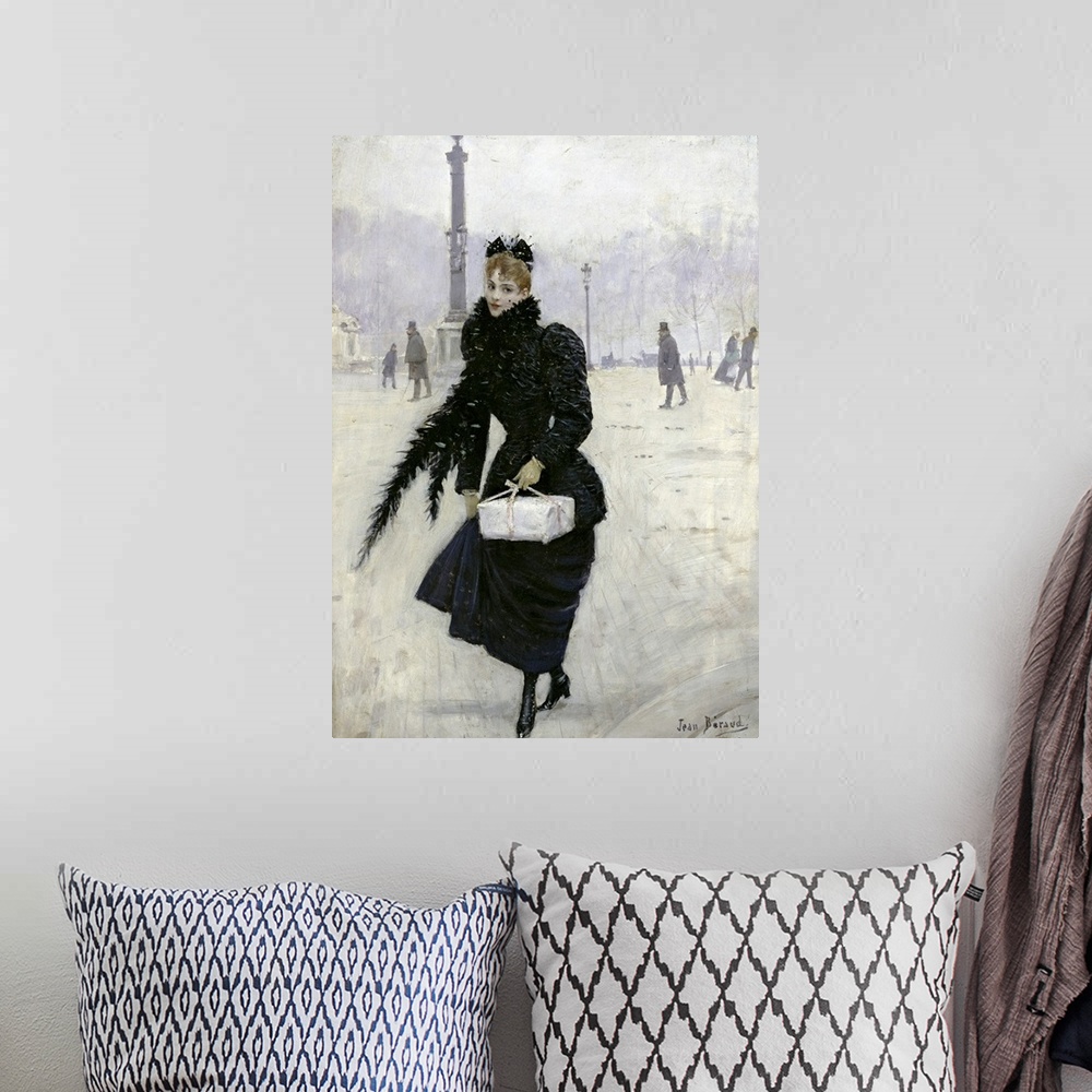 A bohemian room featuring Classic artwork of a woman standing outside dressed in all black during winter as snow blows in f...