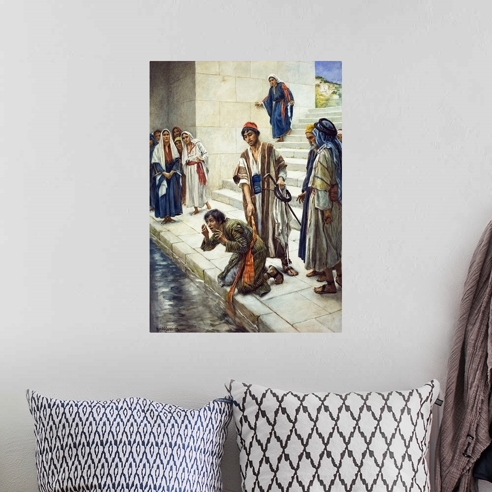 A bohemian room featuring Pool. Original artwork for Look and Learn or The Bible Story.  Blind man being healed at the Pool...