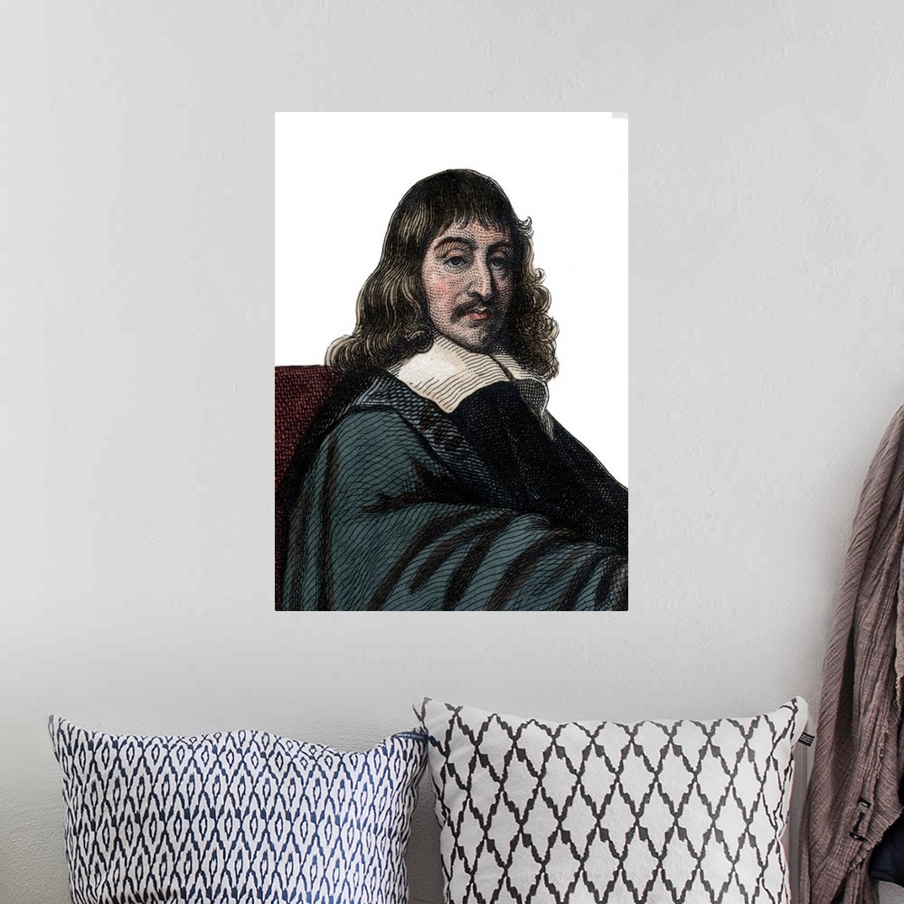 A bohemian room featuring Portrait of Rene Descartes (1596-1650), French philosopher and writer by French School, (19th cen...