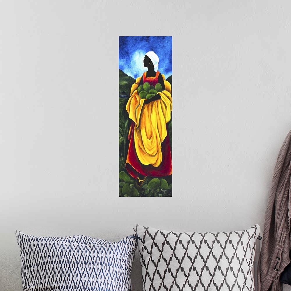 A bohemian room featuring Contemporary painting of a woman collecting avocados.