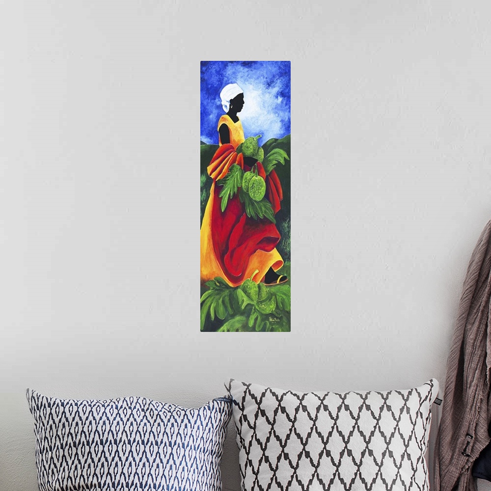A bohemian room featuring Contemporary painting of a woman collecting breadfruit.