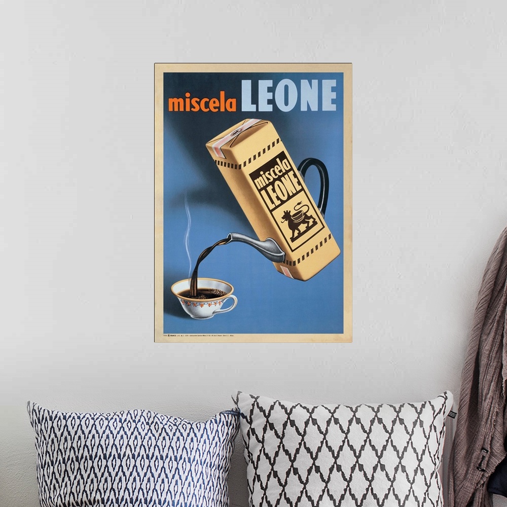 A bohemian room featuring Vintage advertisement for Miscela Leone, 1950.