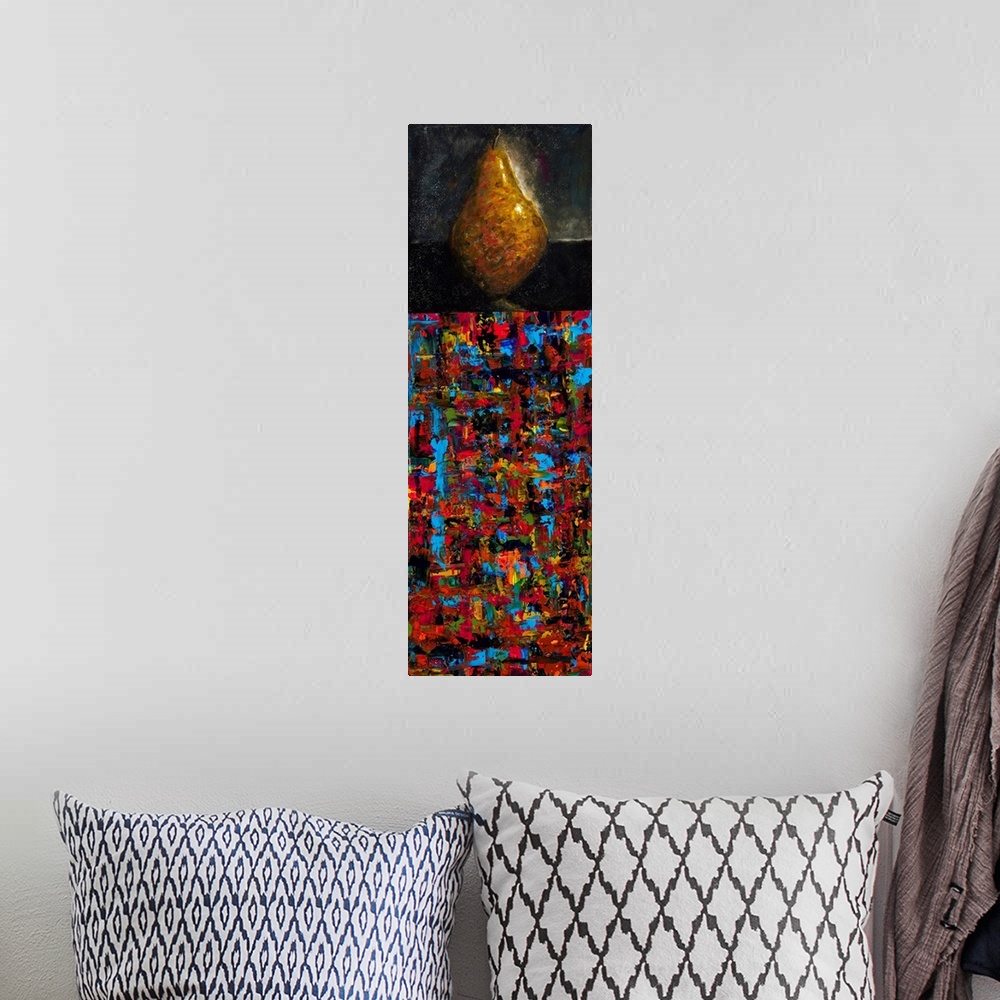 A bohemian room featuring Still life panel painting of a pear on a dark background with a vibrant, abstract bottom half.