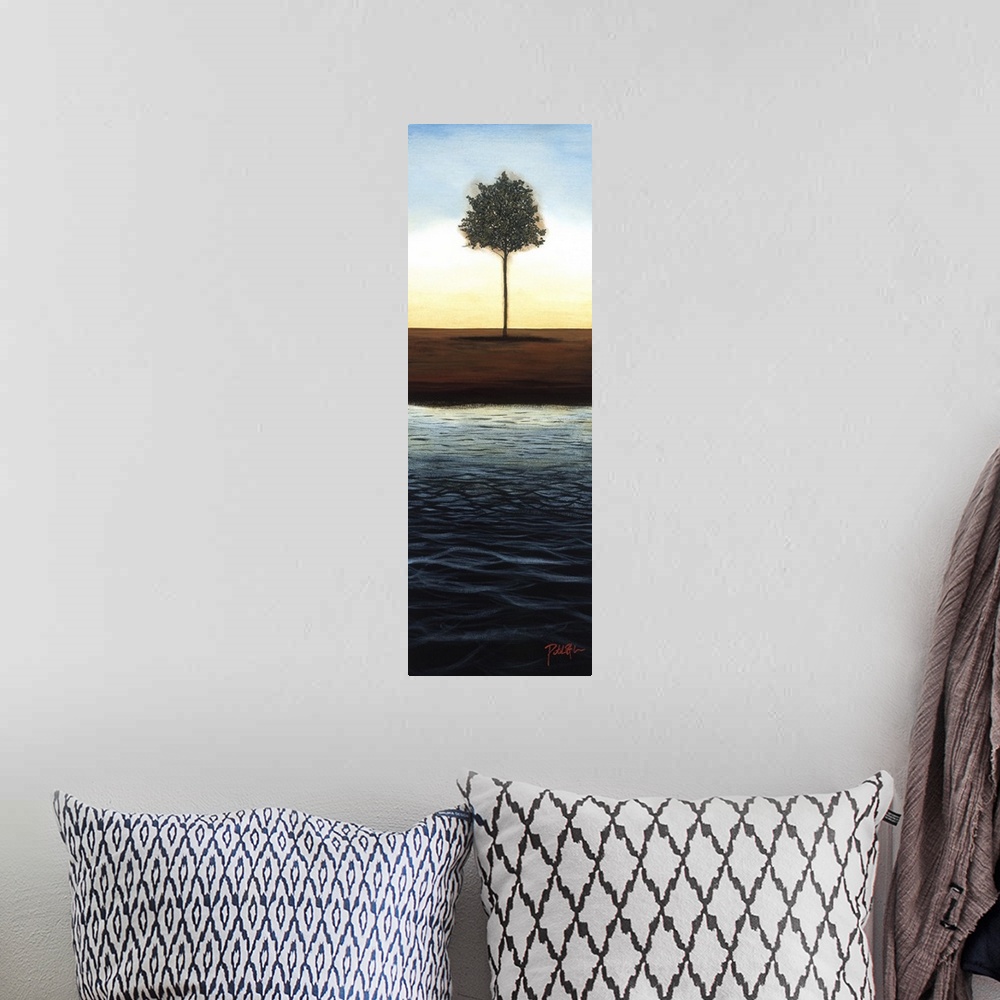 A bohemian room featuring A long vertical painting of a single tree next to a body of water with the sun setting behind it.