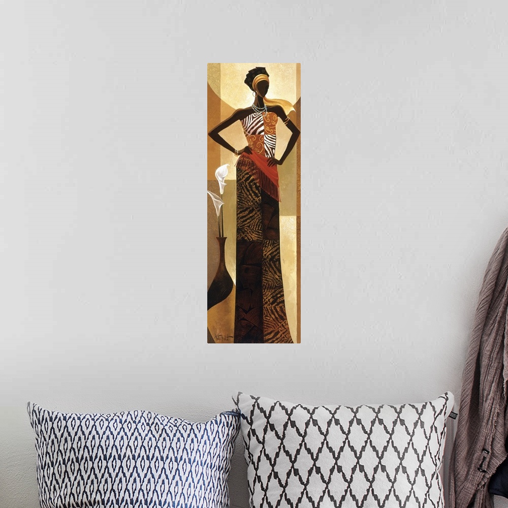A bohemian room featuring Artwork of an African woman in traditional dress.