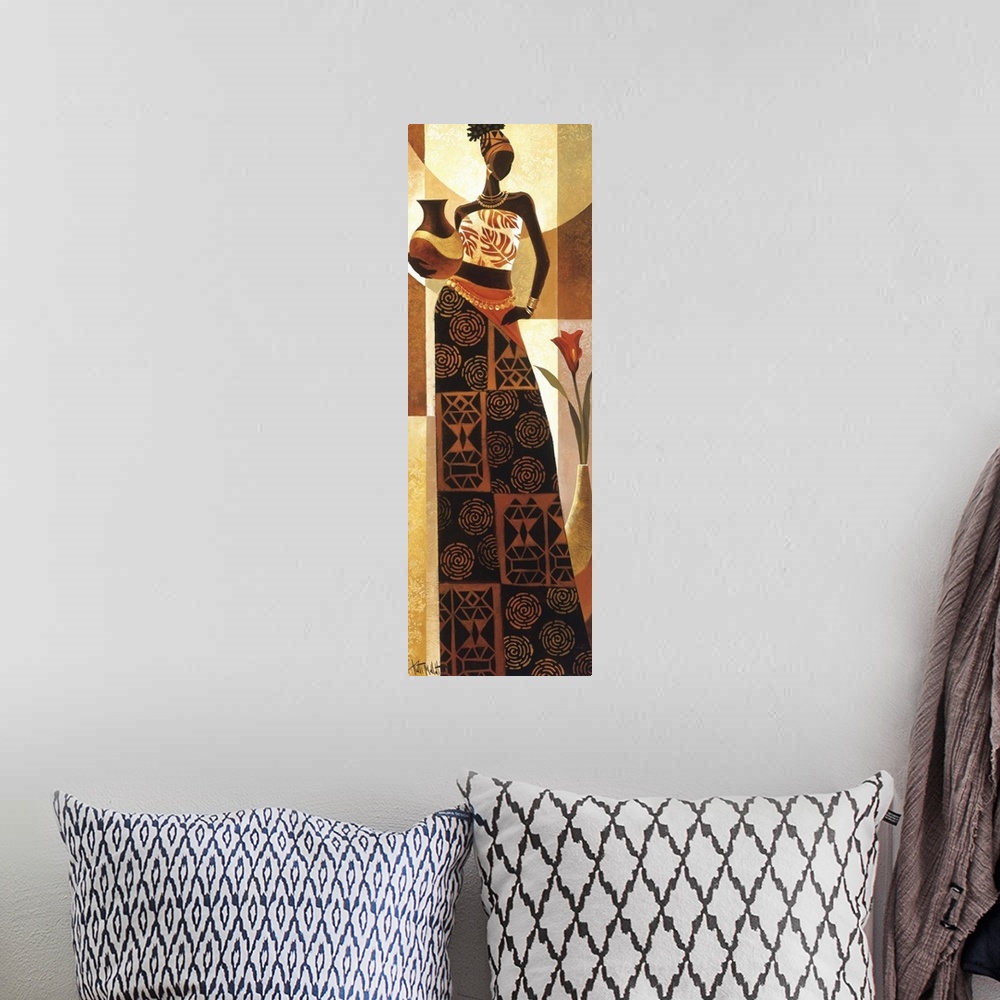 A bohemian room featuring Artwork of an African woman in traditional dress holding a vase.