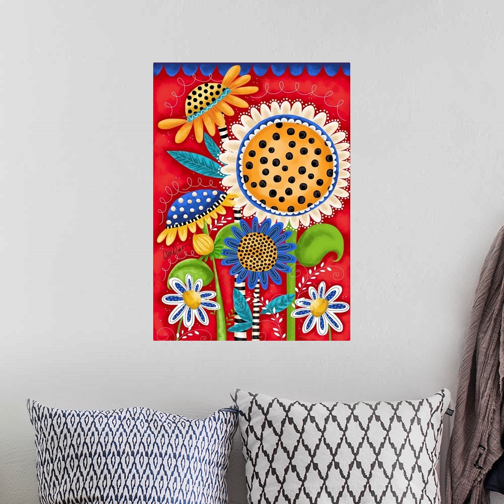 A bohemian room featuring Bright, bold sunflowers add an impact to any decor.