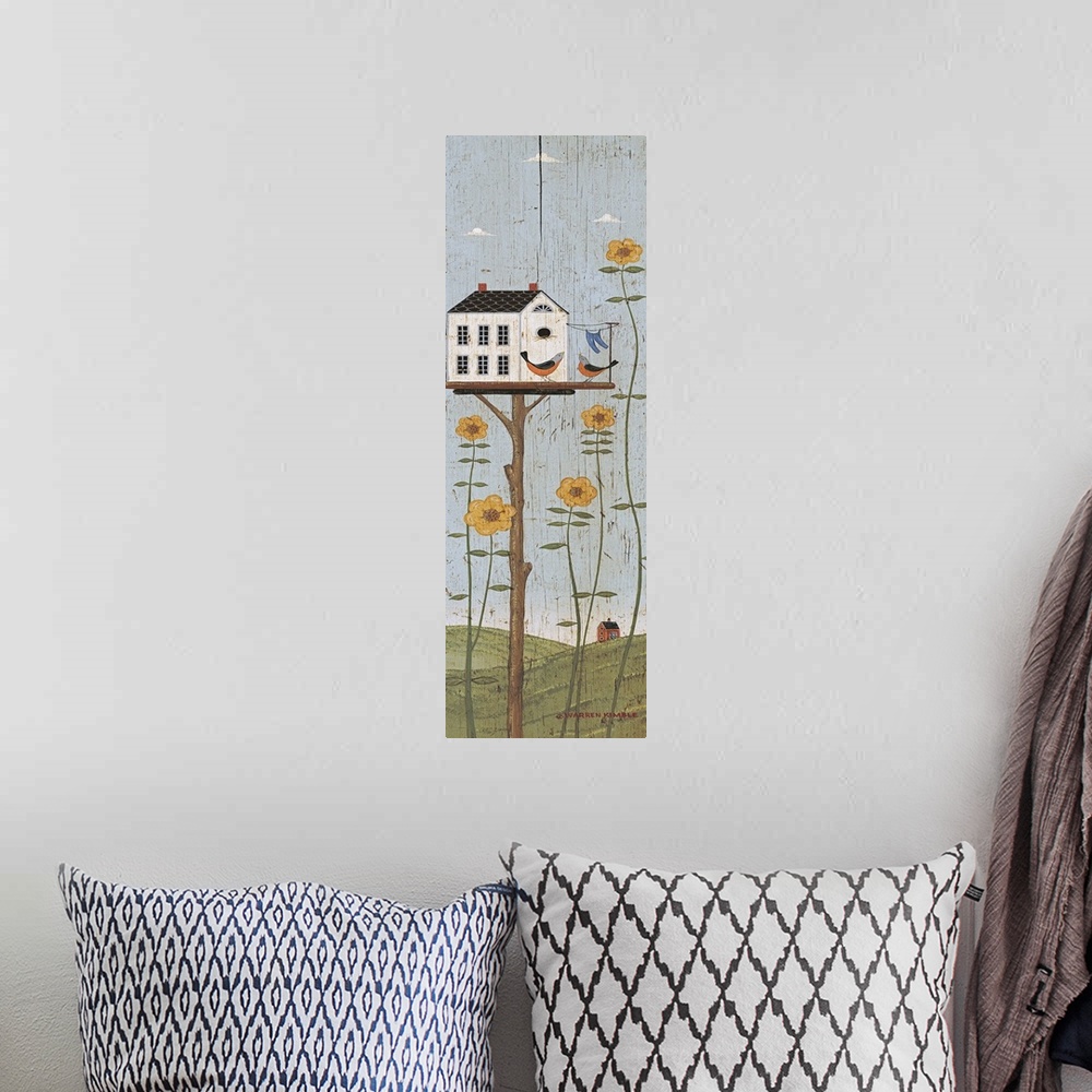 A bohemian room featuring Americana birdhouse panel by renowned artist Warren Kimble
