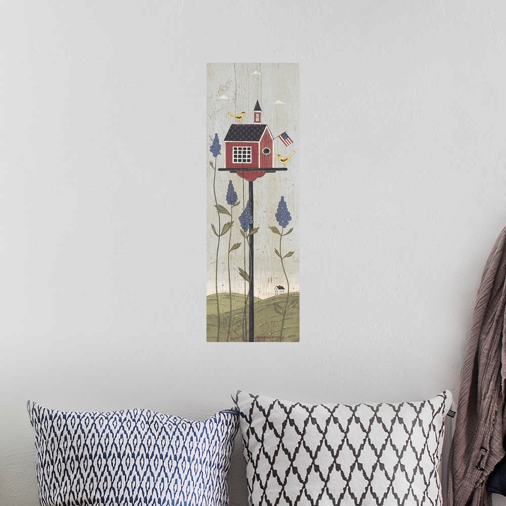 A bohemian room featuring Americana birdhouse panel by renowned artist Warren Kimble