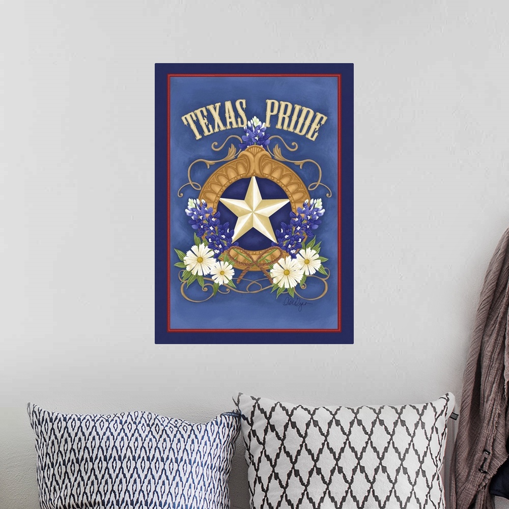 A bohemian room featuring Texas gets the star treatment here, adorned with the lovely Blue Bonnet state flower.