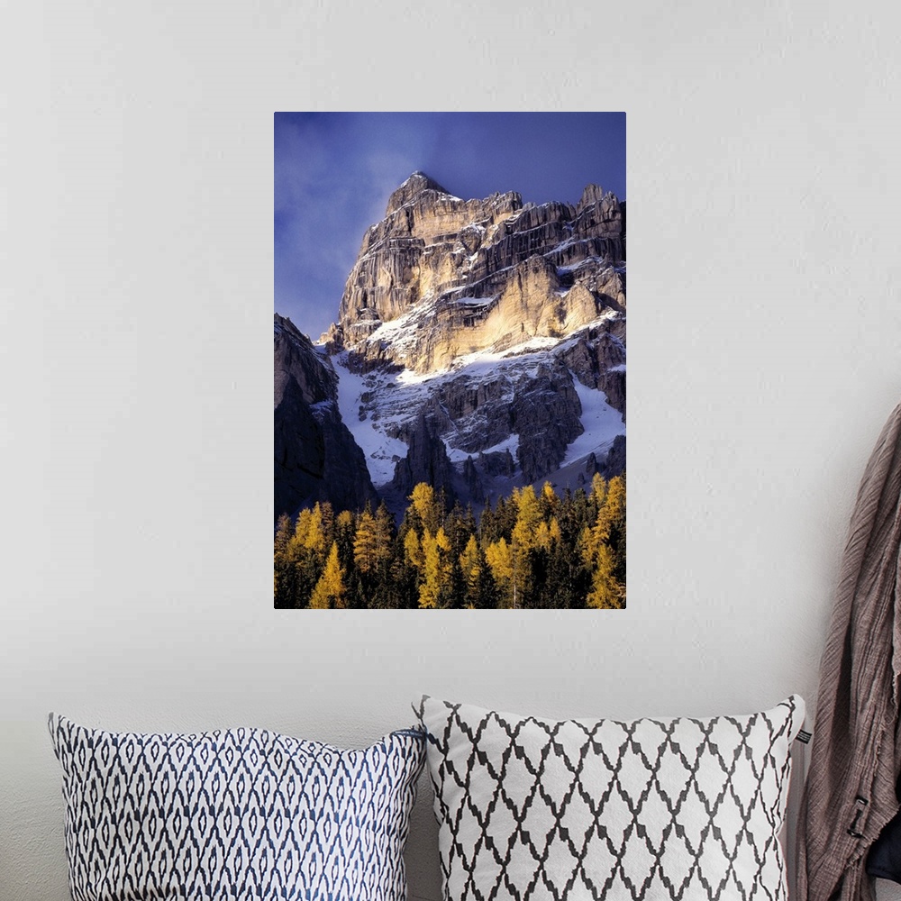 A bohemian room featuring Europe, Italy, Sella Mountains. Sunlight washes a craggy peak near the Sella Group, in Italy's Do...