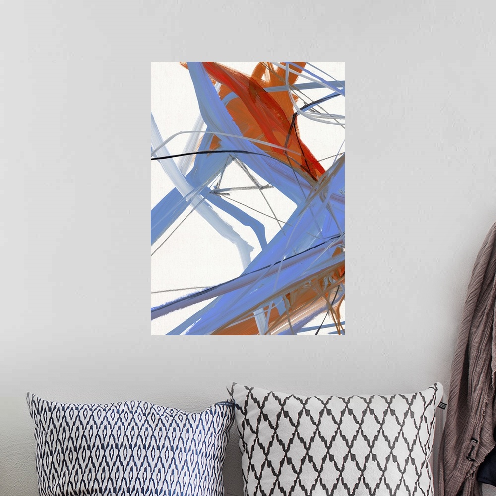 A bohemian room featuring Contemporary abstract painting in strong strokes of blue and red over white.