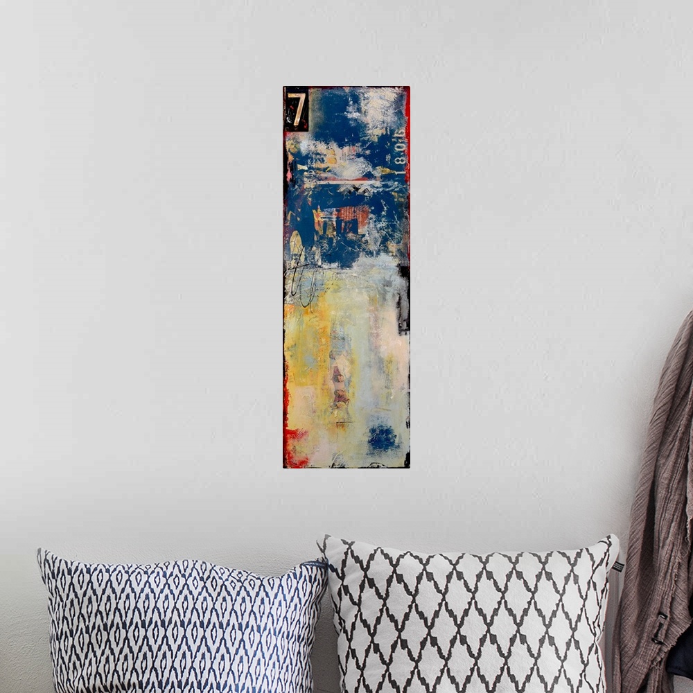 A bohemian room featuring Tall panel abstract artwork in shades of blue, gray, yellow, black, and red created with mixed me...