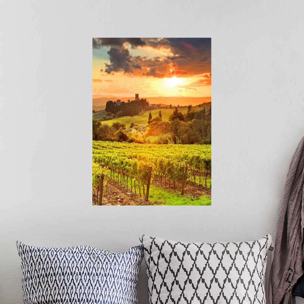 A bohemian room featuring Italy, Tuscany, Firenze district, Chianti, Tavarnelle Val di Pesa, Badia a Passignano, sunset.