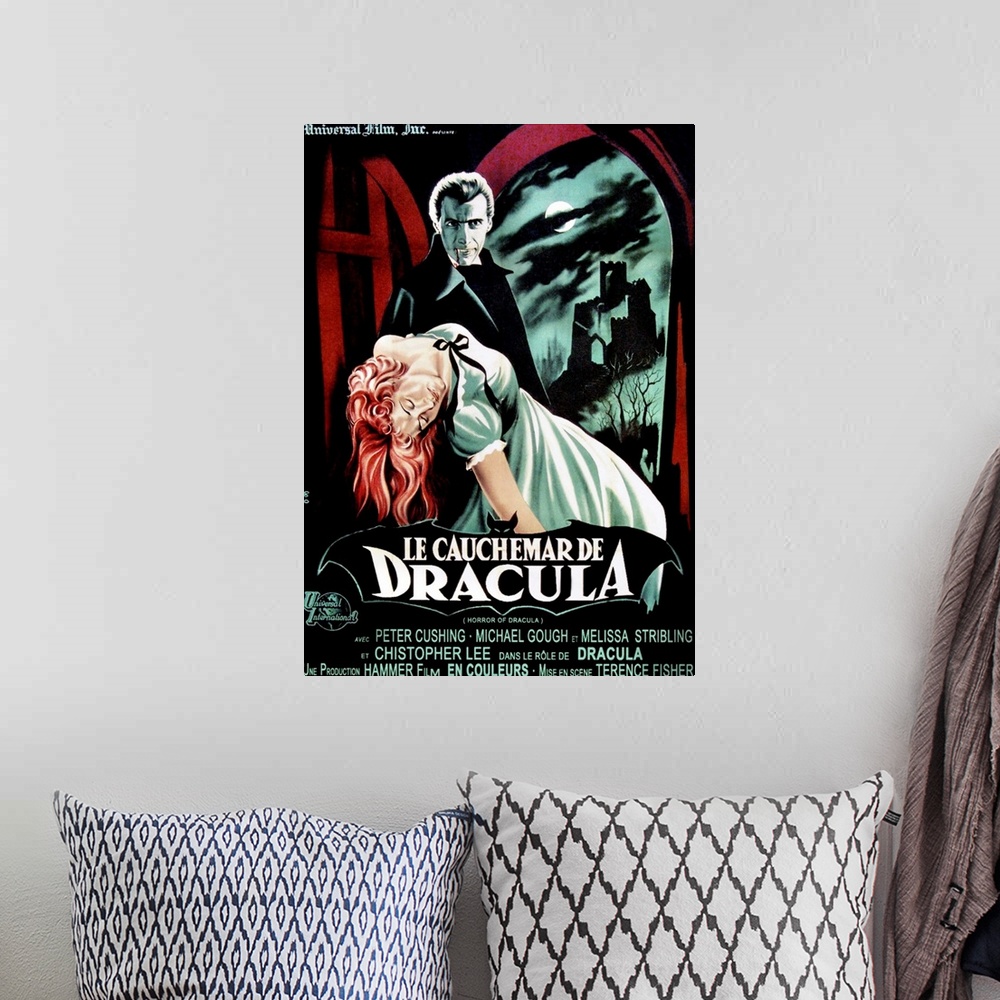 A bohemian room featuring HORROR OF DRACULA (aka LE CAUCHEMAR DE DRACULA), top: Christopher Lee on French poster art, 1958.