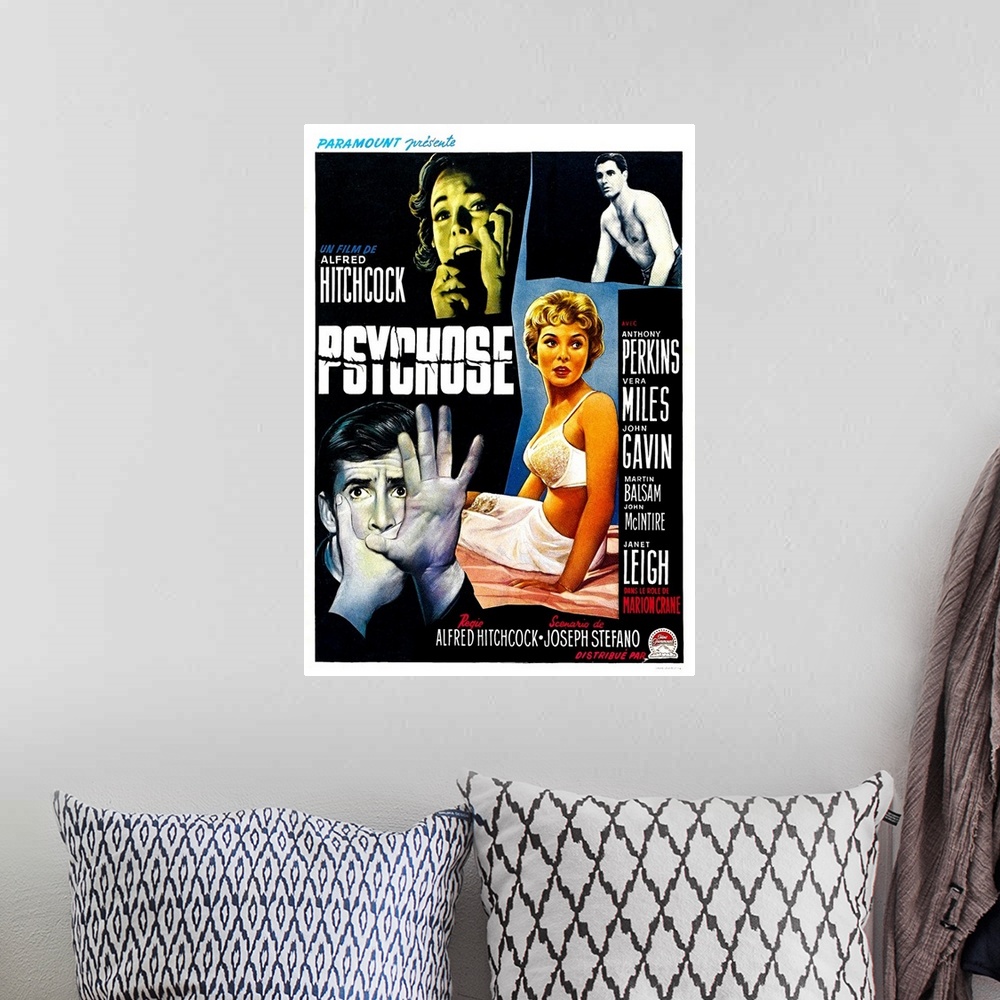A bohemian room featuring Psycho, (aka Psychose), Belgian Poster Art, Top From Left: Vera Miles, John Gavin, Bottom From Le...