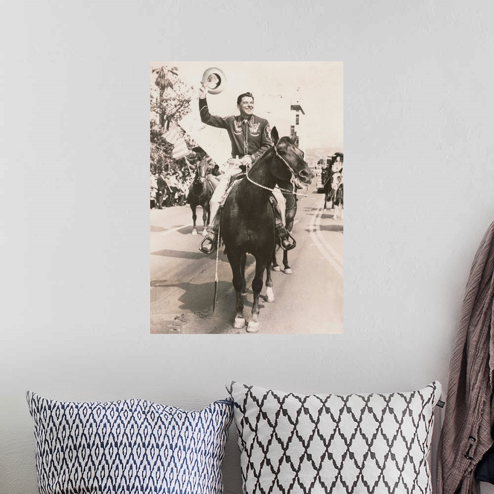 A bohemian room featuring Ronald Reagan, newly elected Governor of California, riding a horse in a parade. Dec. 1966.
