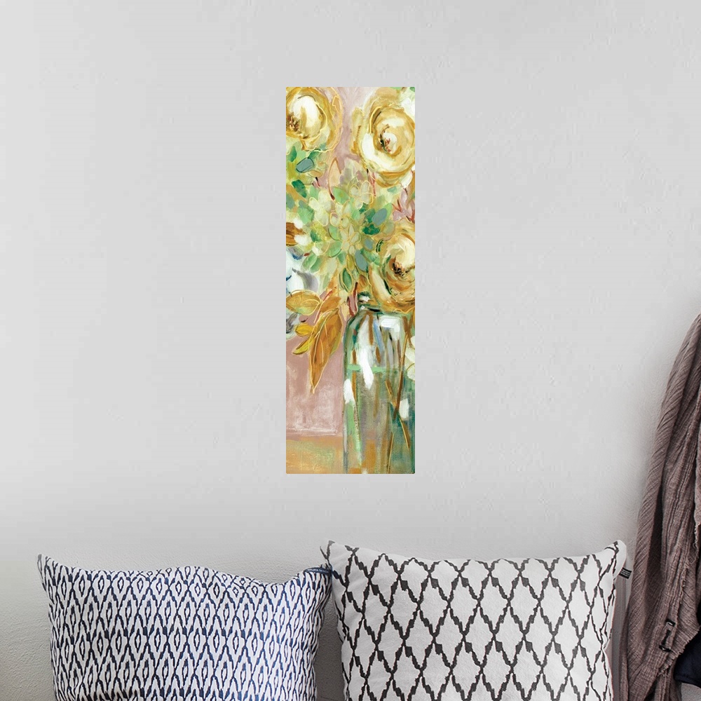 A bohemian room featuring Large panel painting of colorful flowers in a vase with metallic gold outlines.