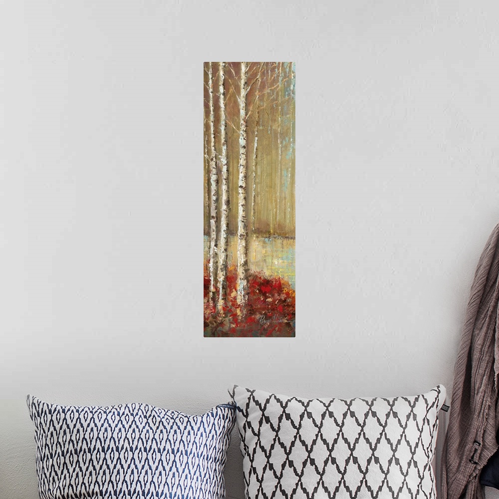 A bohemian room featuring Contemporary painting of a thicket of trees in autumn foliage beside a stream.