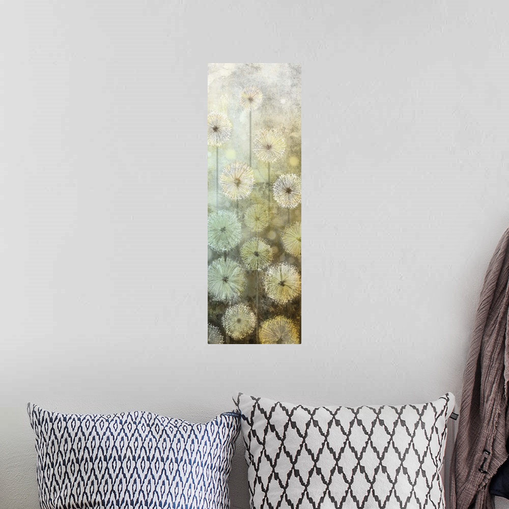 A bohemian room featuring Tall panel art with abstract dandelions made with blue, green, yellow and white hues.