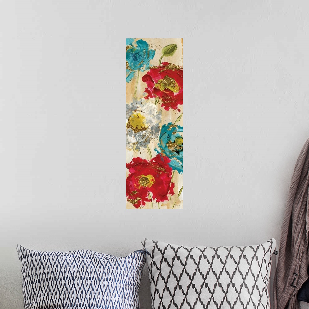 A bohemian room featuring Tall contemporary painting of red, white, and blue poppy flowers on a faint gold background with ...