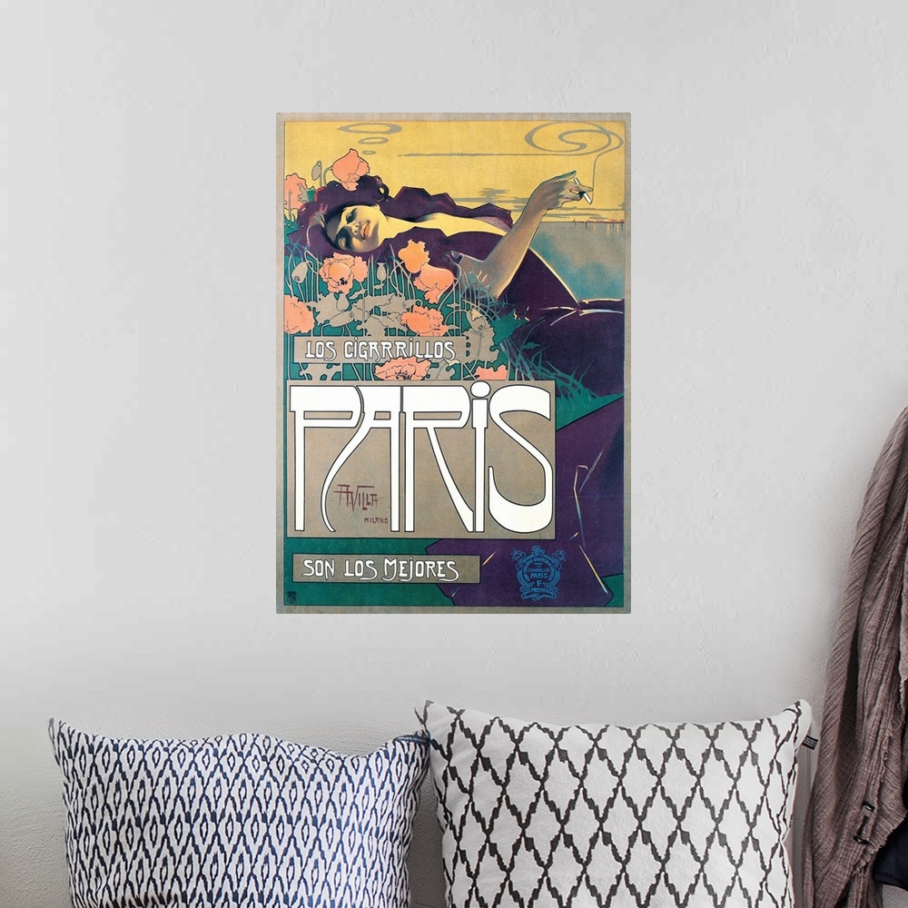 A bohemian room featuring Cigarrillos Paris son los Mejores (Paris cigarillos are the best!) poster by Aleardo Villa (Spani...